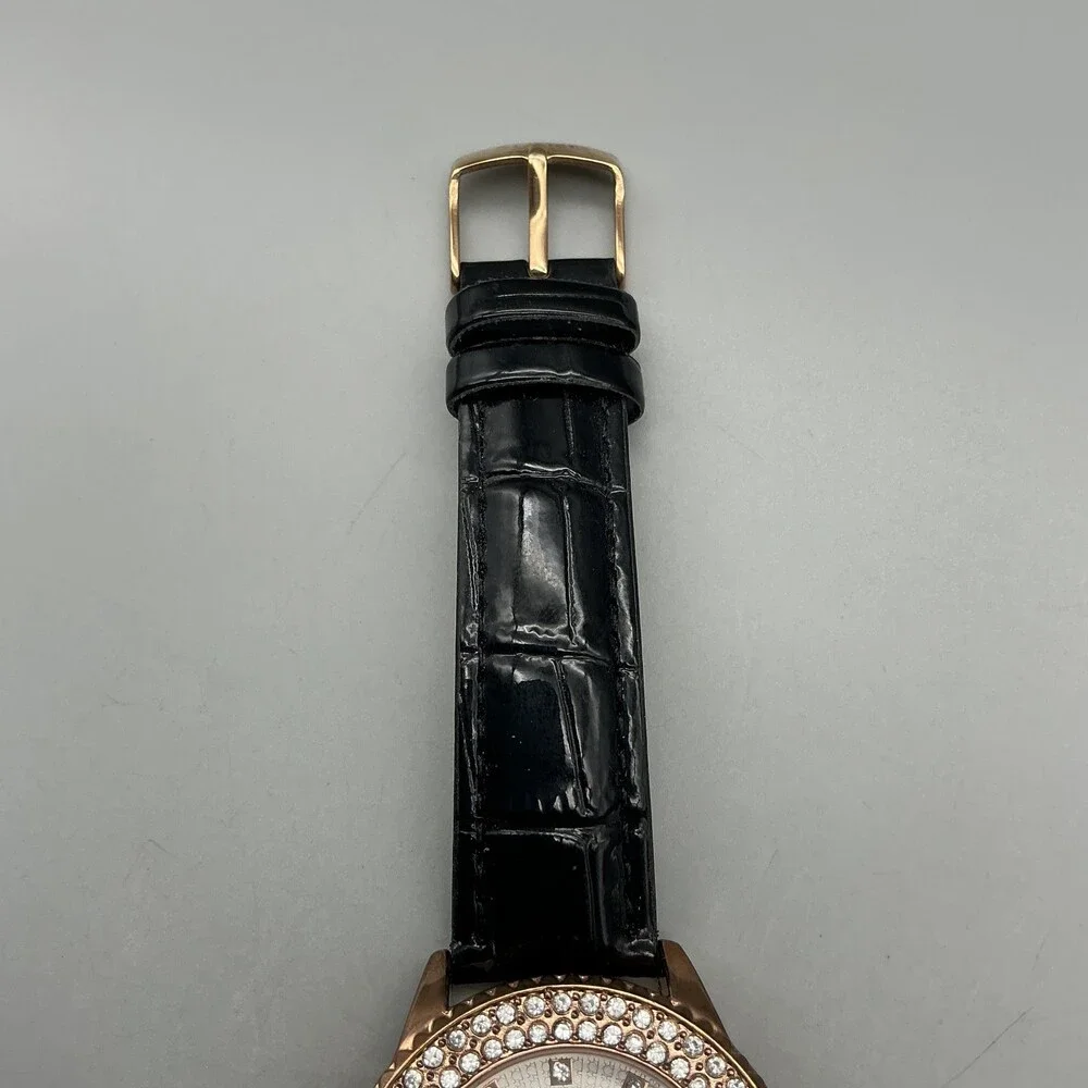 Stauer Womens Watch 38mm Silver Gold Tone Crystals Black Leather Strap